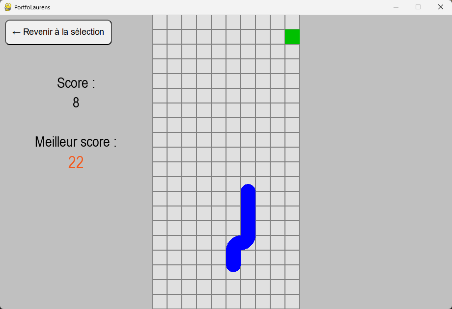 Capture d'écran du jeu Snake dans le programme
