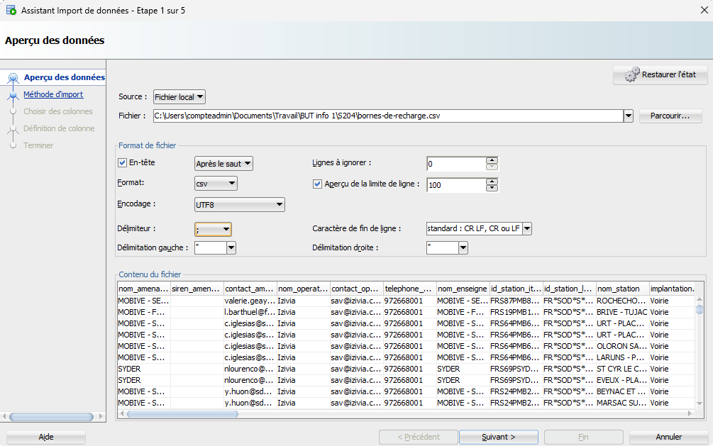 Etape d'import des données en SQL